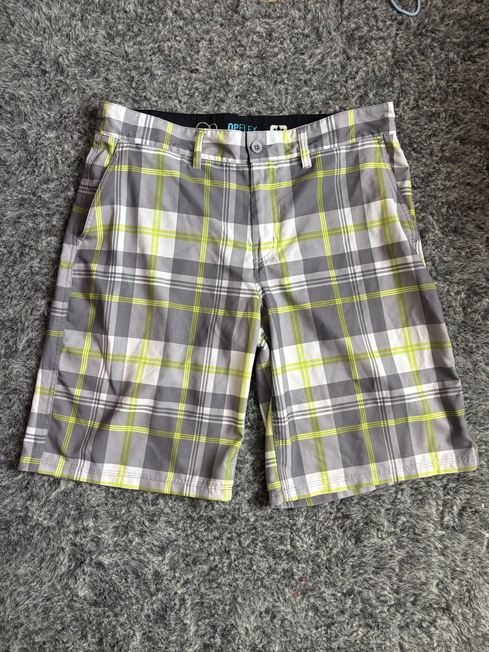 OP Gray Plaid Shorts with Lime Accents